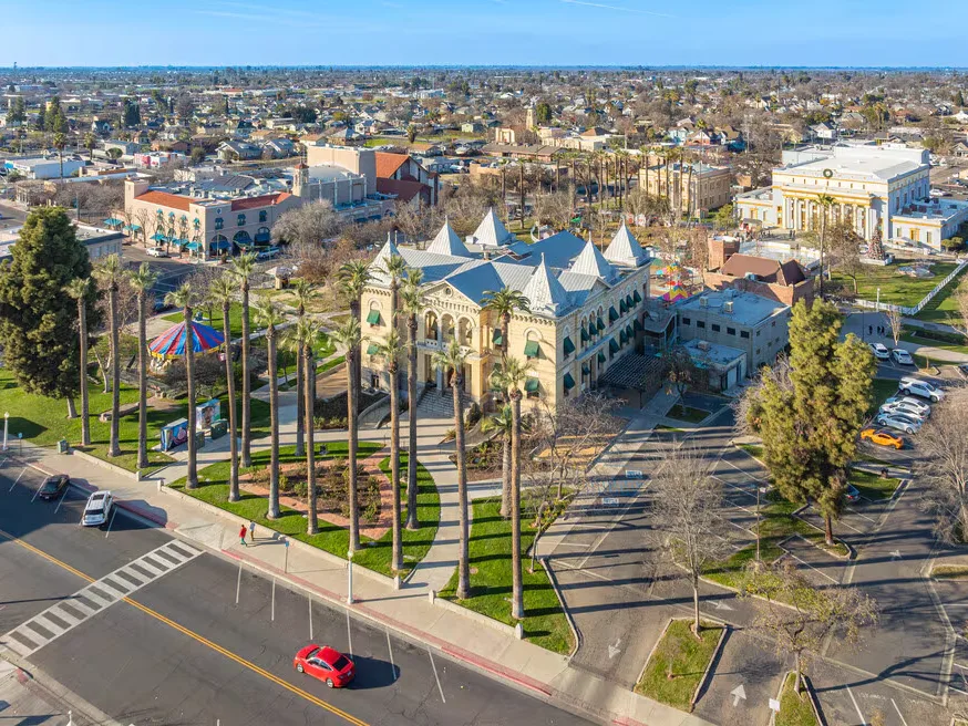 Downtown Hanford from the air, with the historic courthouse and Civic Park